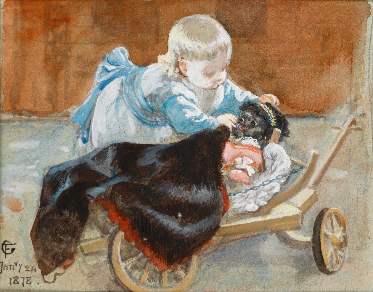 Frederica fekete babával játszik, 1878 (wc papíron) alkotó: Frederick Goodall