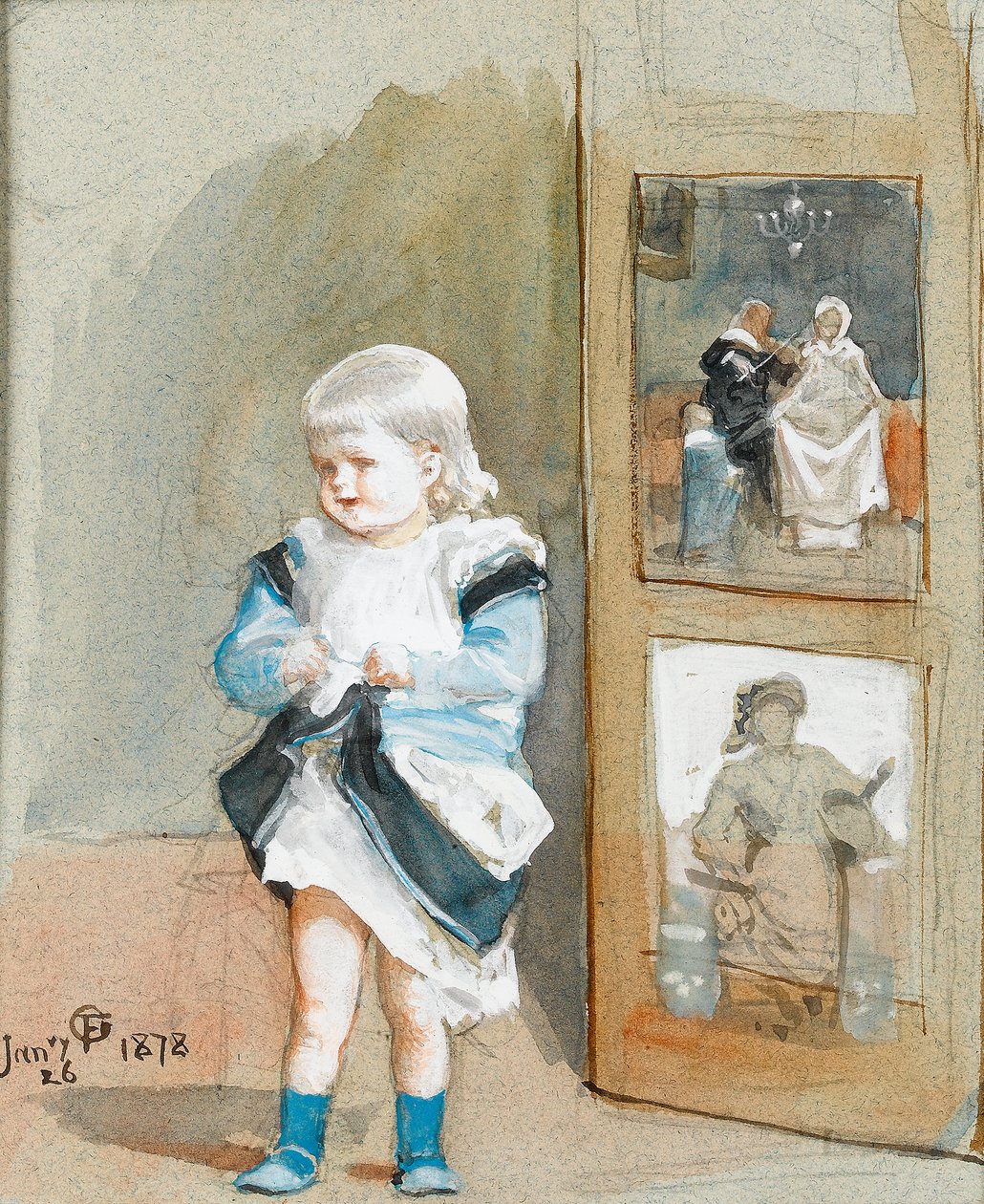 Frederica, a művész lánya egy festett paraván mellett áll, 1878 (wc papíron) alkotó: Frederick Goodall