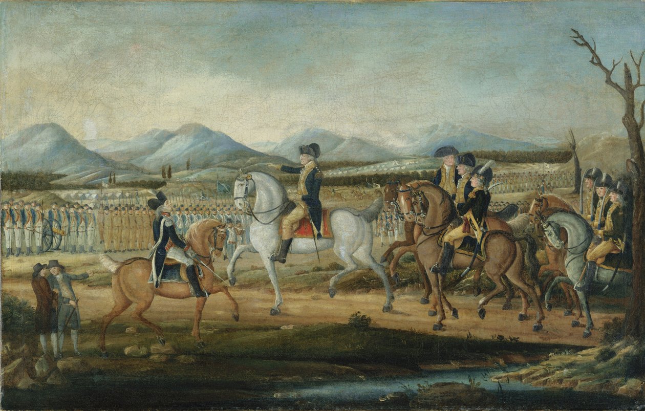 Washington áttekinti a nyugati hadsereget a marylandi Fort Cumberlandben, 1795 után alkotó: Frederick Kemmelmeyer