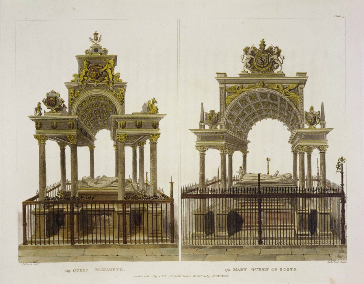 I. Erzsébet királynő és Mária skót királynő sírjai, a „Westminster Abbey” 39. táblája, Thomas Sutherland metszet, pub. Írta: Rudolph Ackermann (1764-1834) 1811 (akvatinta) alkotó: Frederick Mackenzie
