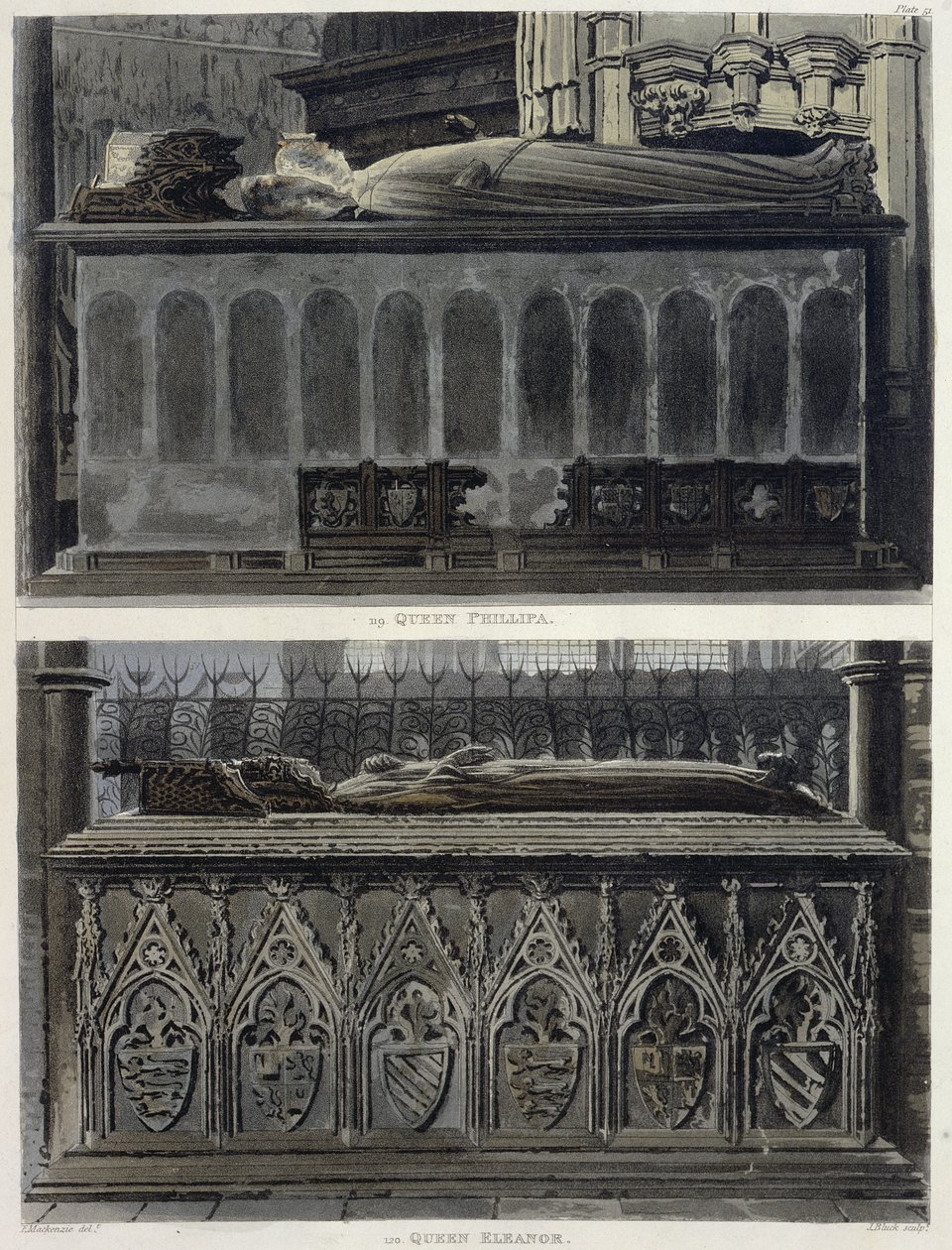 Philippa királynő és Eleanor királynő sírjai, 51. tábla a „Westminster Abbey”-ből, metszett J. Bluck (fl.1791-1831) pub. Írta: Rudolph Ackermann (1764-1834) 1812 (akvatinta) alkotó: Frederick Mackenzie