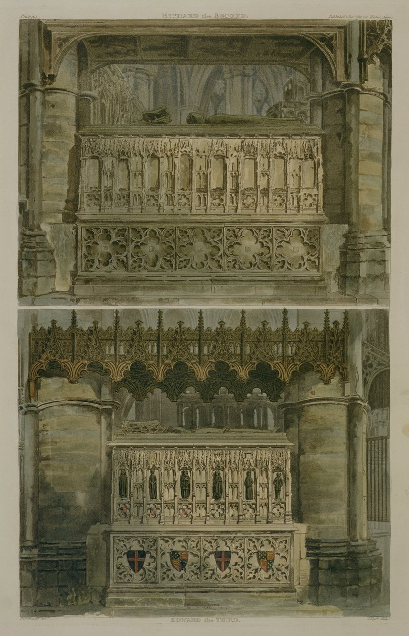 Második Richárd és Harmadik Edward sírjai, 34. tábla a „Westminster Abbey”-ből, J. Bluck (fl.1791-1831) vésette, pub. Írta: Rudolph Ackermann (1764-1834) 1811 (akvatinta) alkotó: Frederick Mackenzie