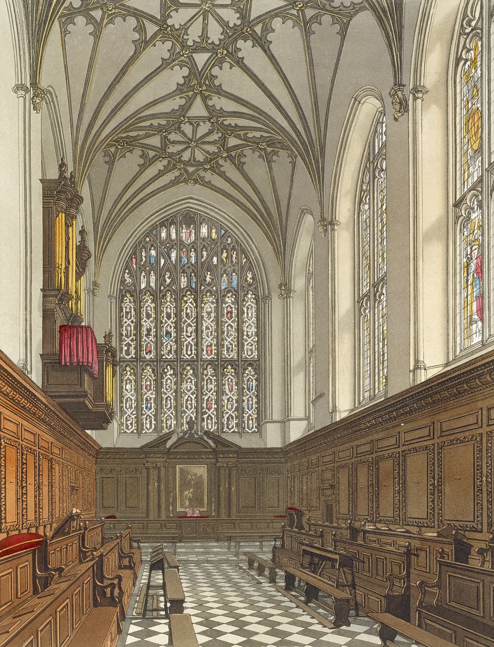 A Winchester College kápolnája, a "History of Winchester College", a "History of the Colleges" részéből, William James Bennett (1787-1844) metszete, kiadta R. Ackermann, 1816 (aquatinta). alkotó: Frederick Mackenzie
