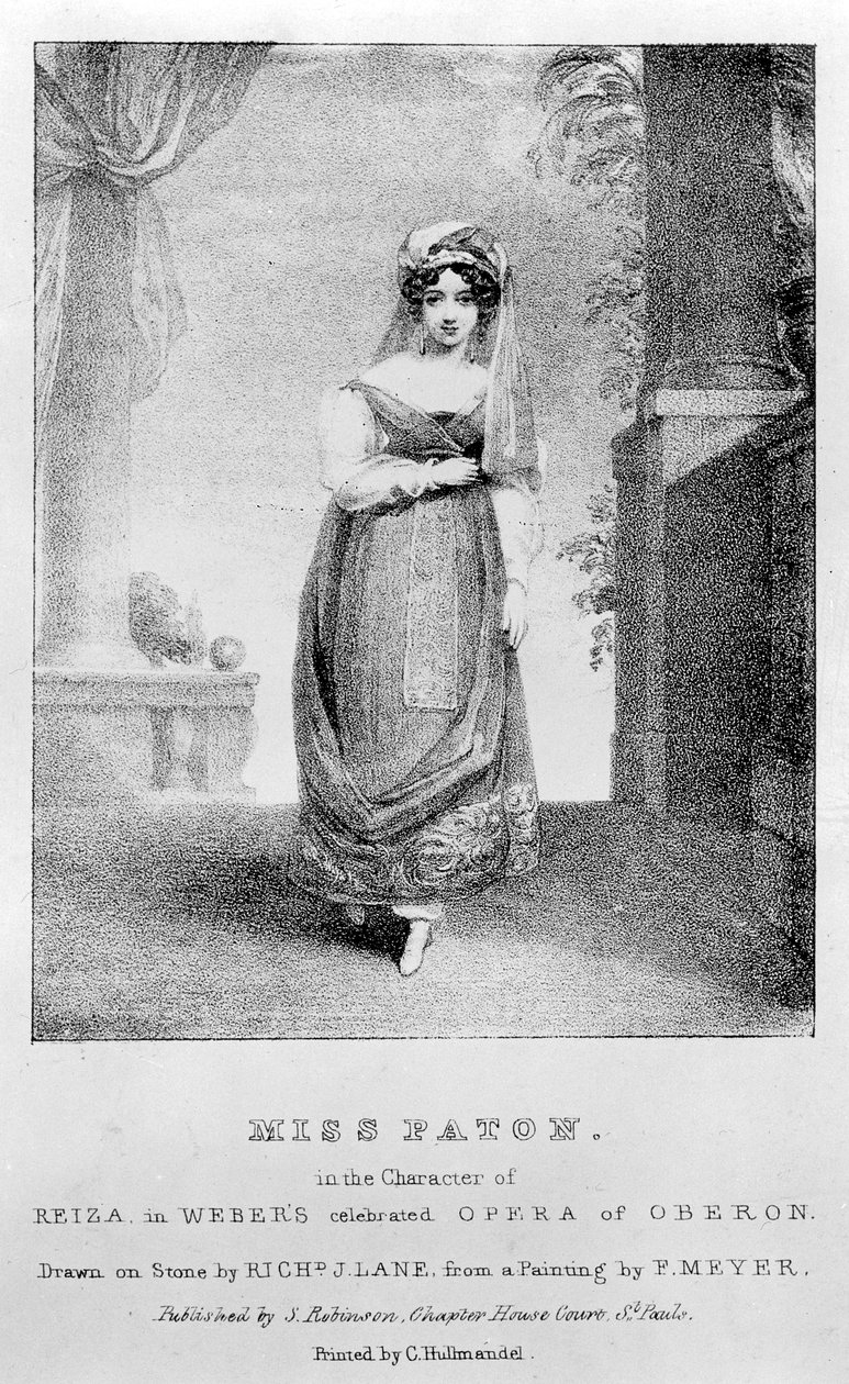 Mary Ann Paton Reiza szerepében Weber „Oberon” című művében, Richard James Lane metszetében, 1826 körül alkotó: Frederick Meyer