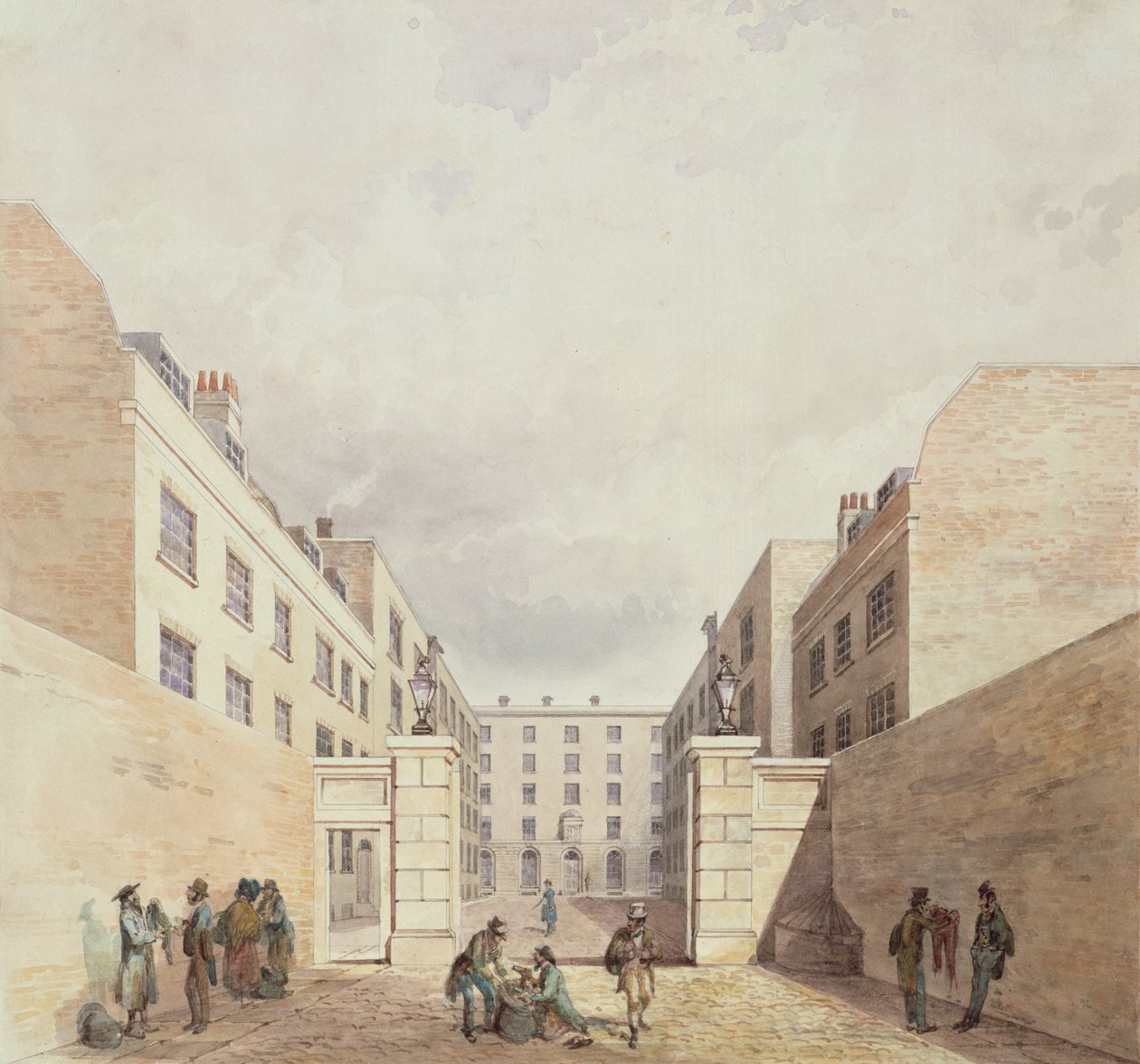 Kilátás a Kelet-India Társaság raktáraira a Cutler Street felől, 1836 alkotó: Frederick Nash