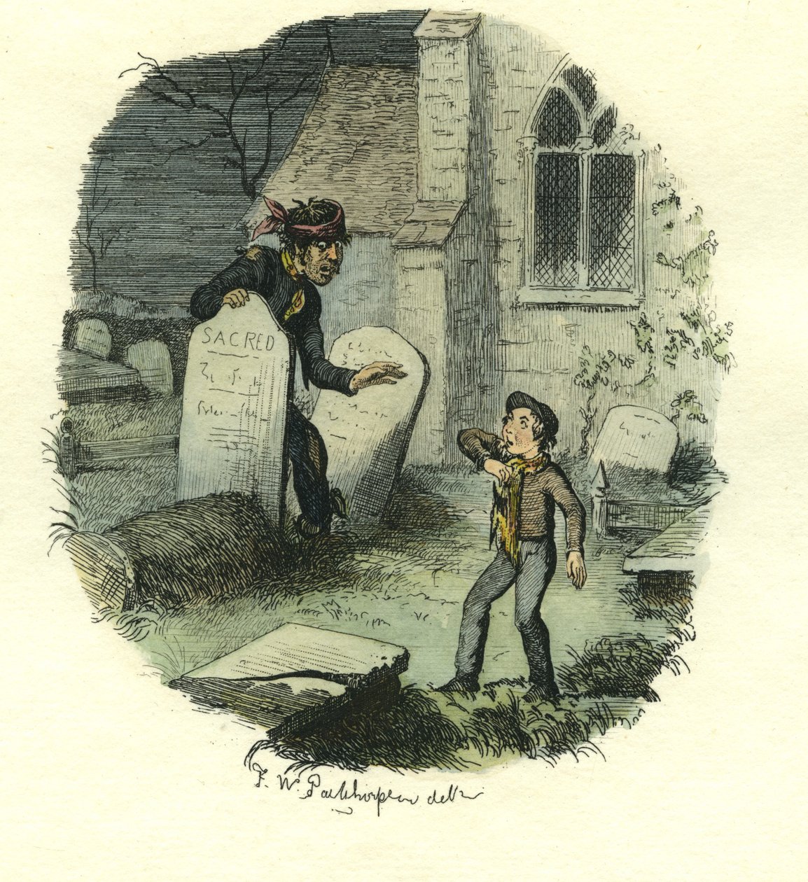 Pip és az elítélt, Nagy várakozások, 1885 körül (kézzel színezett rézkarc) alkotó: Frederick W. Pailthorpe