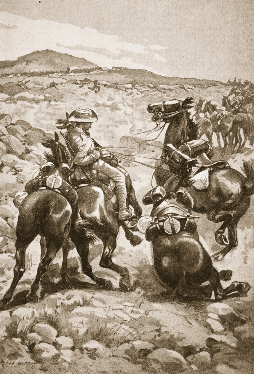 A De Wet nyomán: Lóvas gyalogság támad egy vagonvonatot, illusztráció a „Tizenegyedik századi csaták” című kötetből. VII, The Boer War 1900-1901”, Archibald Forbes, G.A. Henty és Major Art alkotó: Frederick William Burton