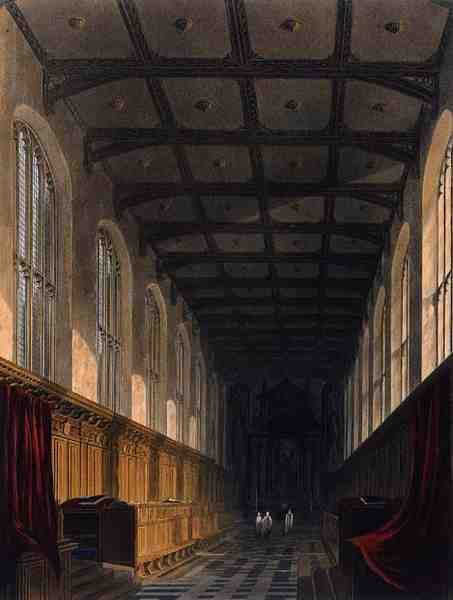 A cambridge-i Trinity College kápolna belseje, a "The History of Cambridge" című műből, J. Bluck (1791-1831) metszete, R. Ackermann kiadása. alkotó: Frederick (after) Mackenzie