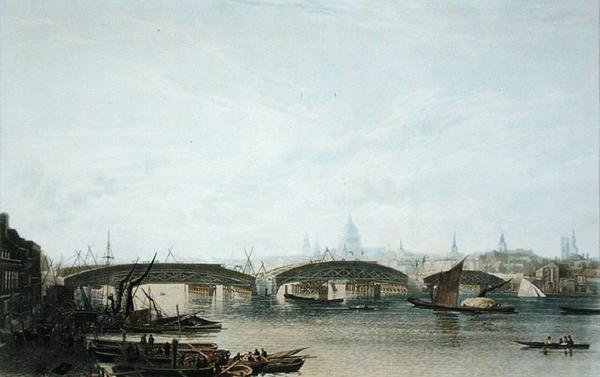 A Southwark Bridge nézete, ahogyan 1818 májusában megjelent, W. Bennett metszett az eredeti W. H. rajza után. Timms alkotó: Frederick (after) Nash