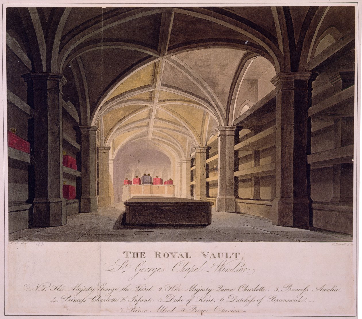 Királyi boltozat, Szent György-kápolna, Windsor, metszett: Daniel Havell (1785-1826) (színes litó) alkotó: Frederick (after) Nash