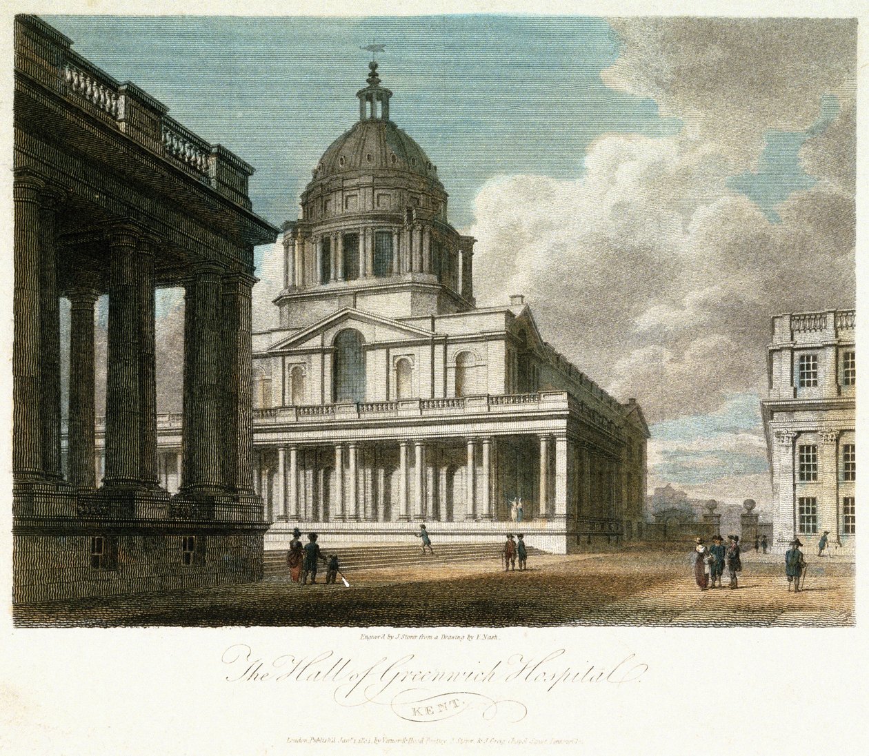 A greenwichi kórház (Kent, Anglia) látképe, a kupola és Vilmos (William) király udvarának északkeleti sarkának leírása, mögötte a csarnok északi homlokzatának festett részével, valamint Mária királynő udvarának és kápolnájának egy részével. alkotó: Frederick (after) Nash