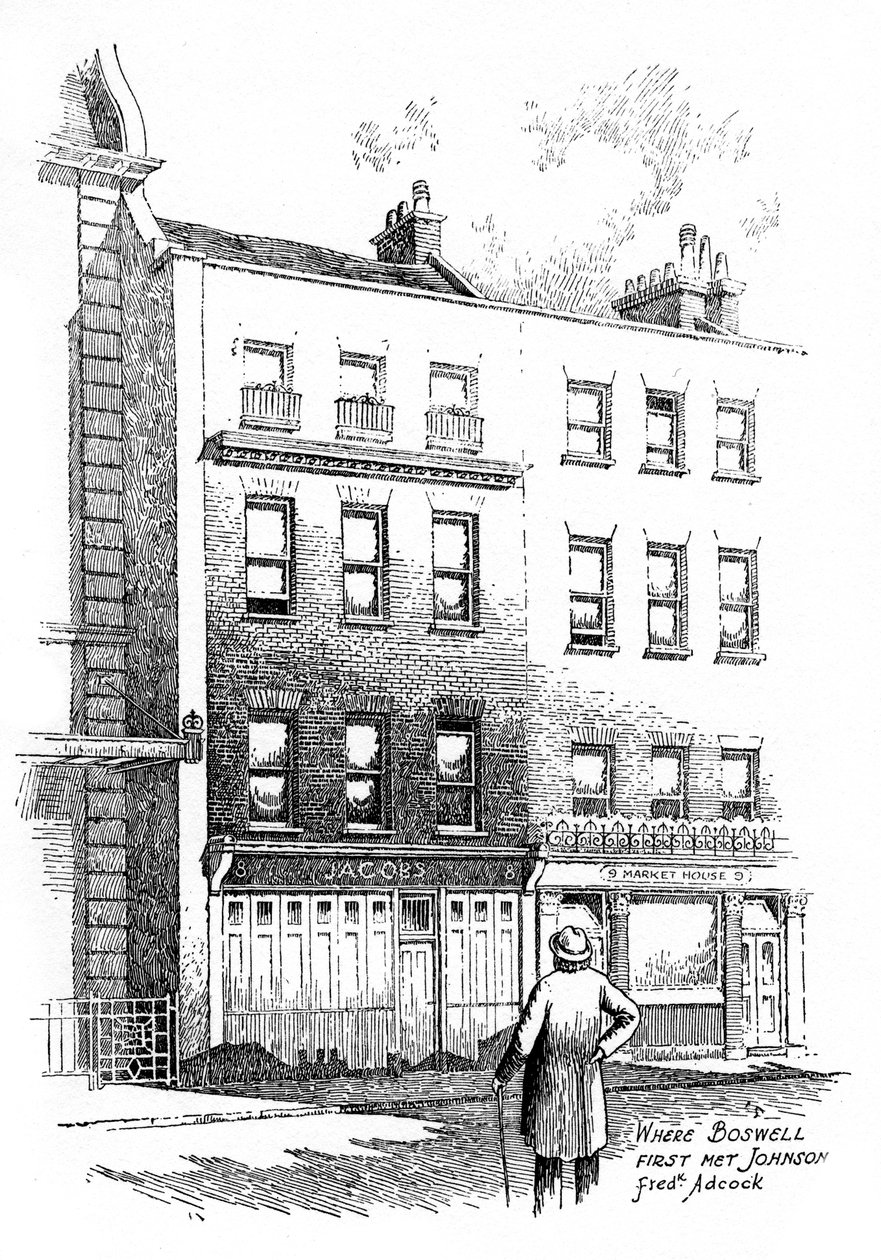Ahol James Boswell először találkozott Dr. Johnsonnal, Londonban, 1912-ben alkotó: Frederick Adcock