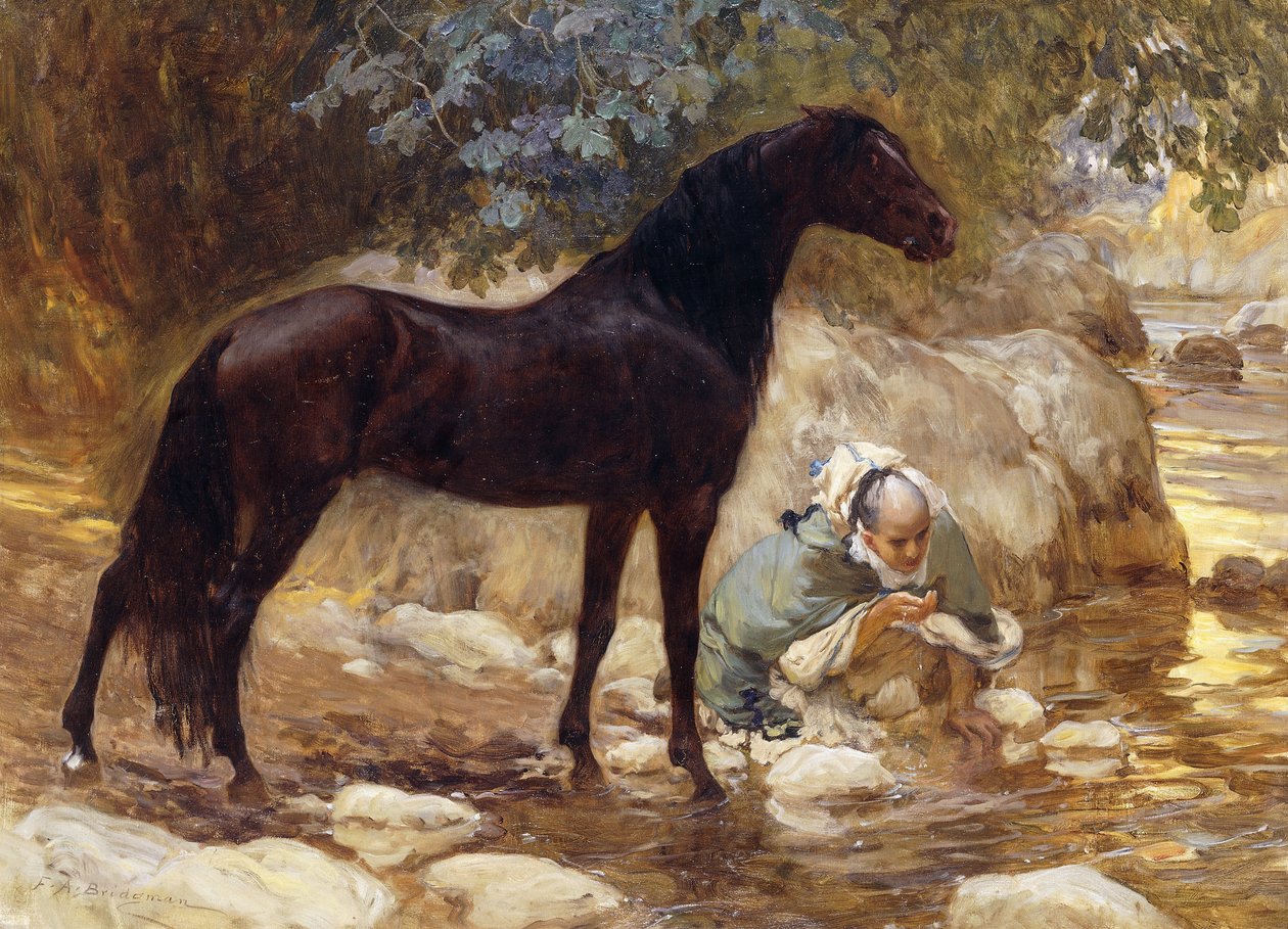 Egy arab, aki a lovát itatja a folyó mellett, 1890-1900 körül alkotó: Frederick Arthur Bridgman