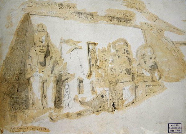 II. Ramszesz (Kr. e. 1279-1213) négy hatalmas szobra Abu Simbel nagy templomában alkotó: Frederick Arthur Bridgman
