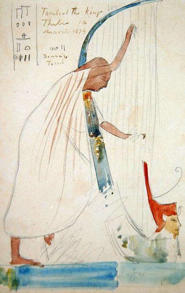 Falfestmény egy hárfaművész III. Ramszesz sírjában Thébában alkotó: Frederick Arthur Bridgman
