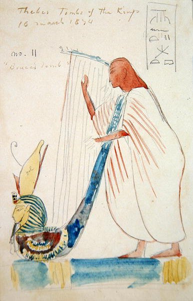 Falfestmény egy hárfaművész III. Ramszesz sírjában Thébában alkotó: Frederick Arthur Bridgman