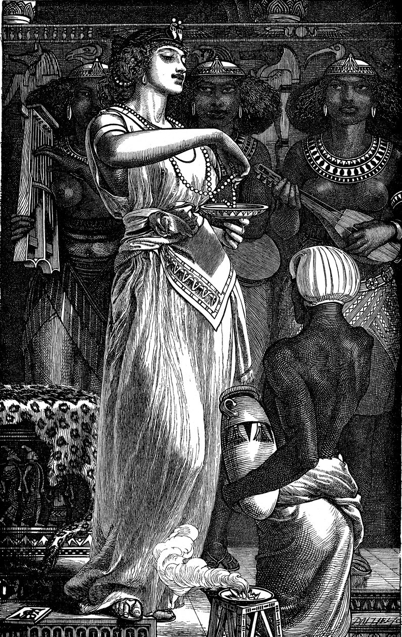 Kleopátra VII. Kr.e. 69-30, Egyiptom királynője, gyöngyöket old a borban, 1866 alkotó: Frederick Augustus Sandys