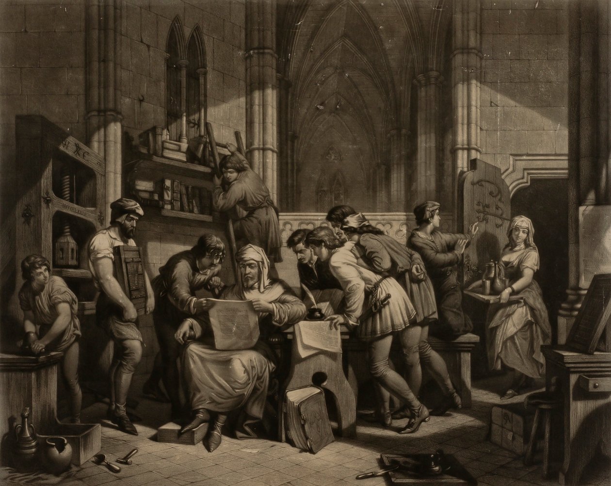 William Caxton - a Westminster apátságban lévő nyomdájából származó első próbanyomat vizsgálata, 1474-ben. alkotó: Frederick Bacon