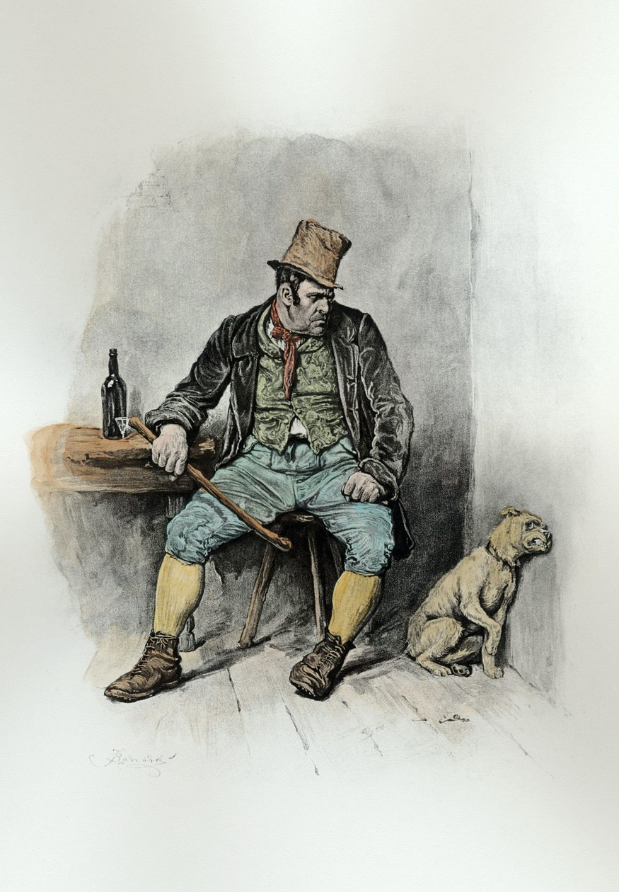 Bill Sykes és kutyája, Thomas Archer „Charles Dickens: Egy pletyka az életéről” című könyvéből, 1894 körül (litho) (későbbi színezés) alkotó: Frederick Barnard