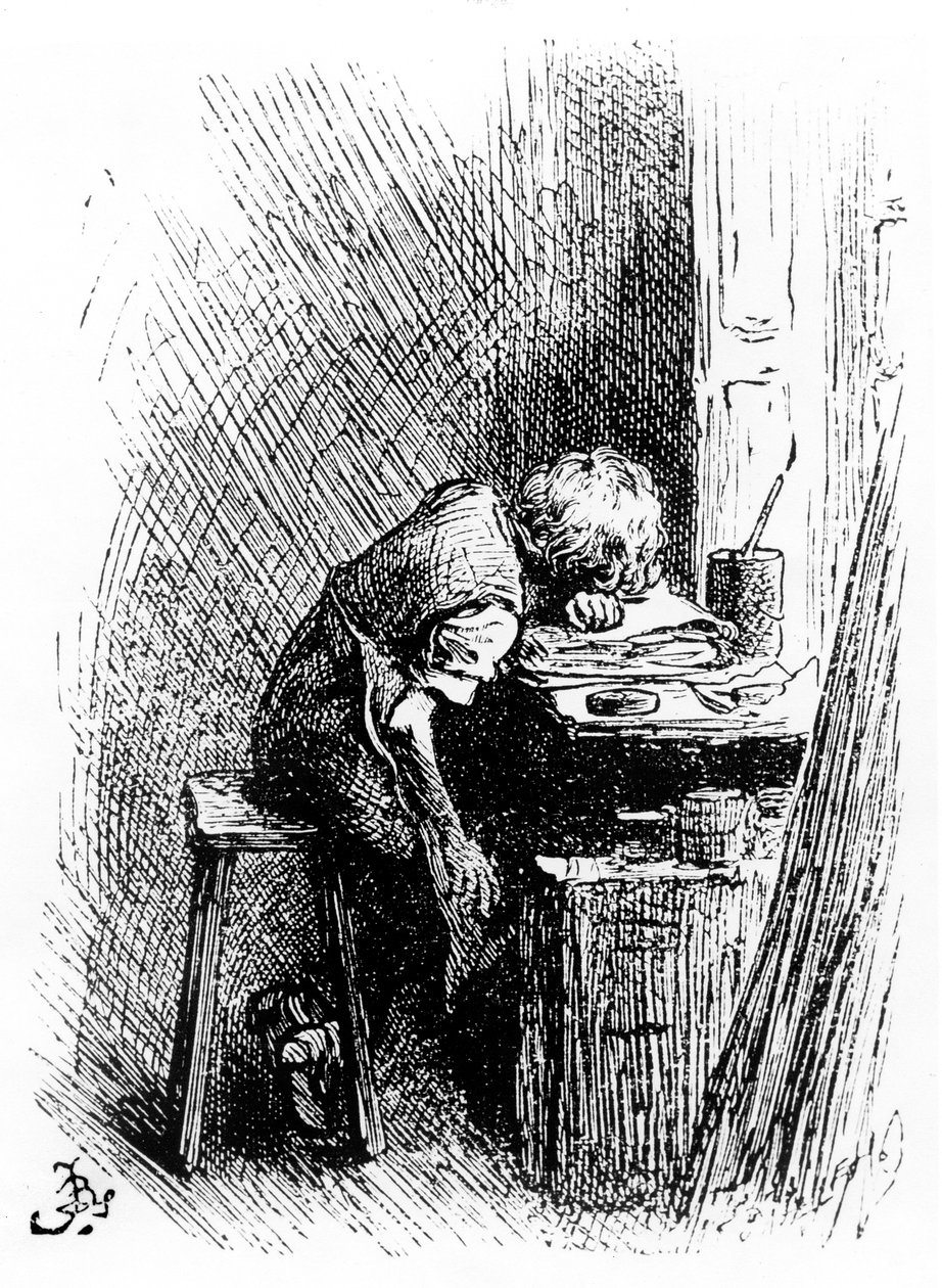 Charles Dickens a Blacking Factory-ban, illusztráció a „The Leisure Hour”-ból, 1904 (metszet) alkotó: Frederick Barnard