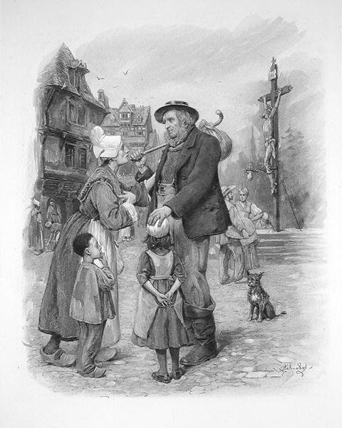 Mr Peggotty a Szent Megváltó keresztjénél, a "Charles Dickens: A Gossip about his Life", Thomas Archer, megjelent 1894 körül (litográfia). alkotó: Frederick Barnard