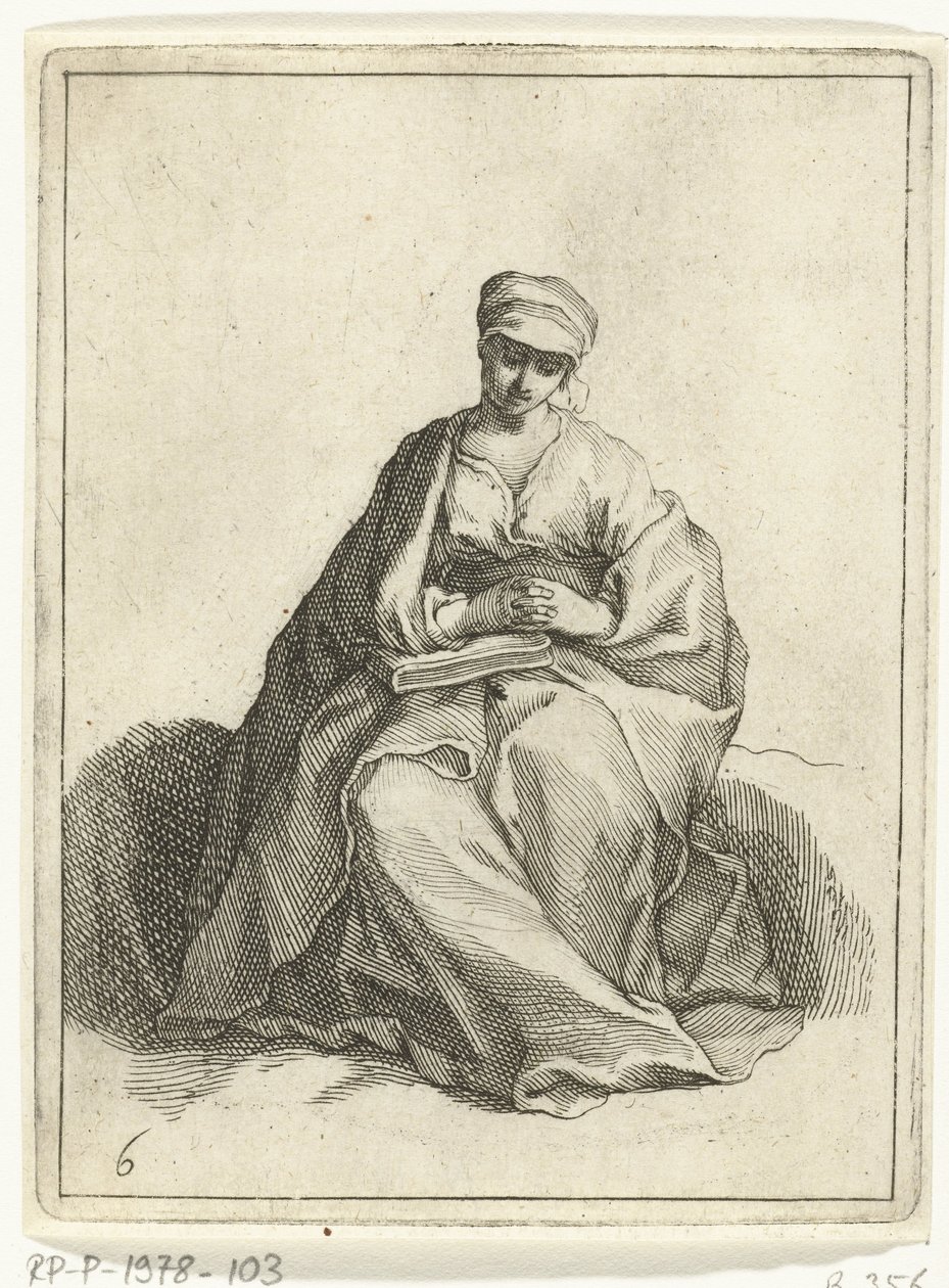 Ülő, imádkozó nő 15 kis figura (sorozat címe) alkotó: Frederick Bloemaert