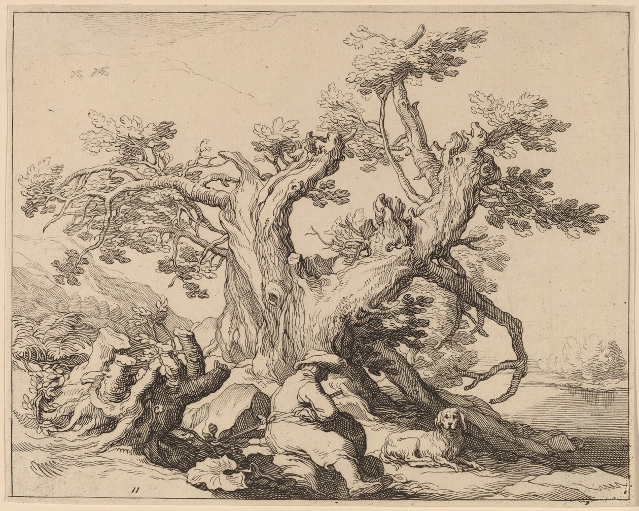 Egy ember és a kutyája egy nagy fa mellett pihen alkotó: Frederick Bloemaert after Abraham Bloemaert