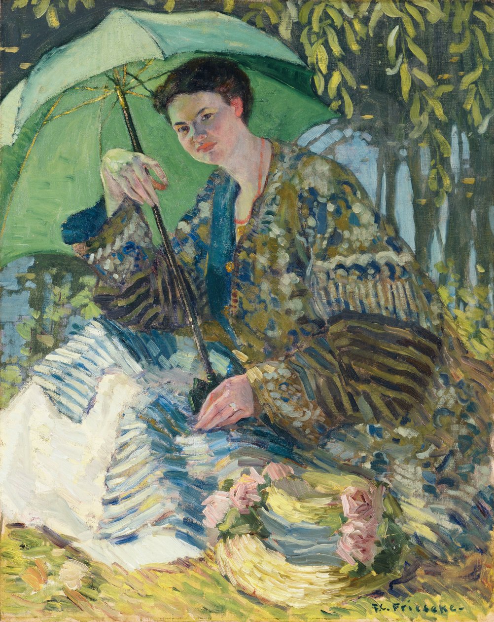 Hölgy napernyővel, 1905 körül (olaj, vászon) alkotó: Frederick Carl Frieseke
