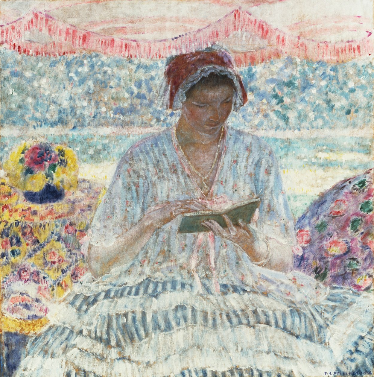 Nyári olvasás (a napellenző alatt) alkotó: Frederick Carl Frieseke