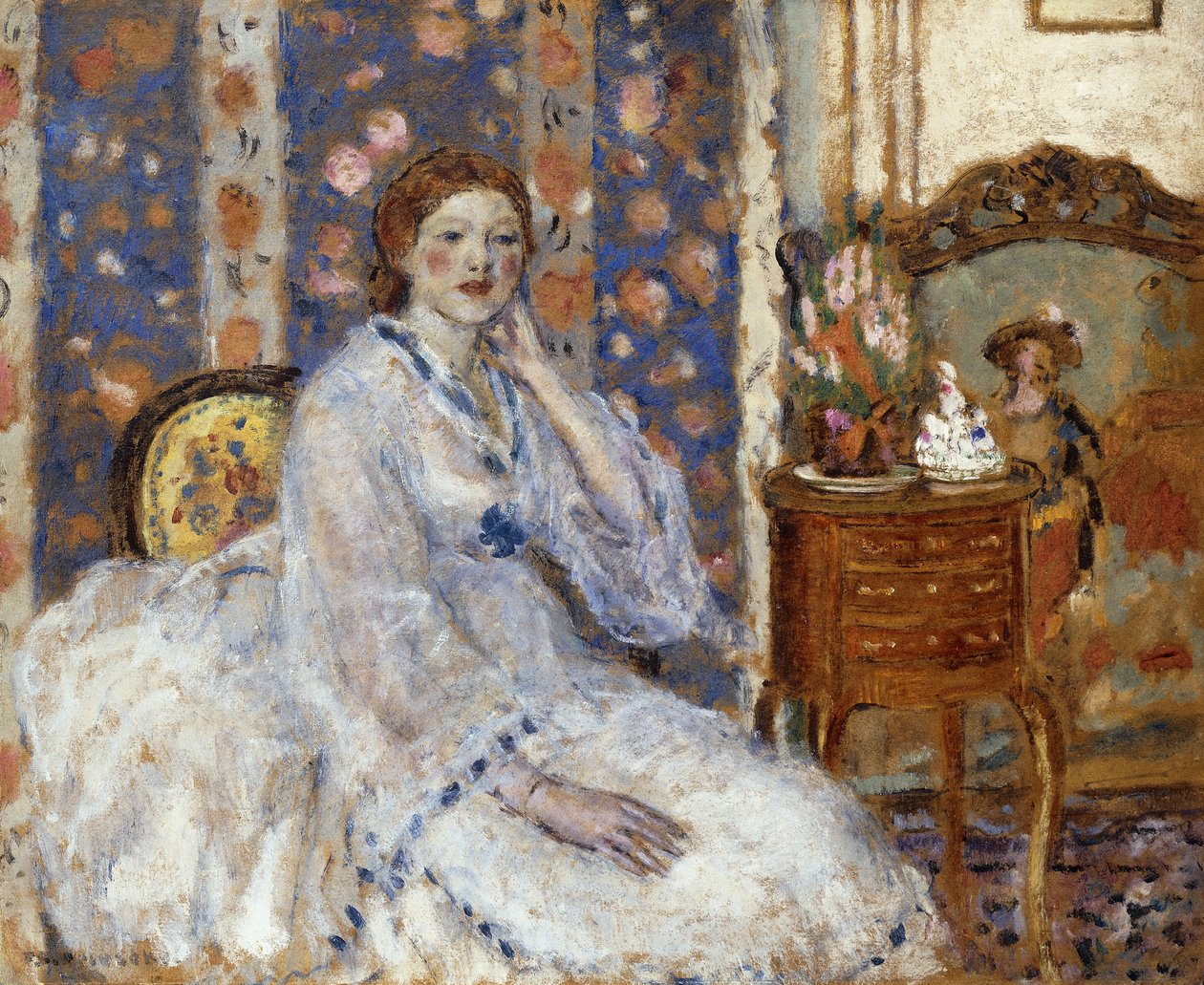 Nő ül egy karosszékben alkotó: Frederick Carl Frieseke