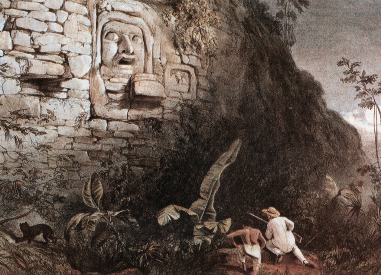 Vadász és vezetője a maja Itzam Na feje előtt alkotó: Frederick Catherwood