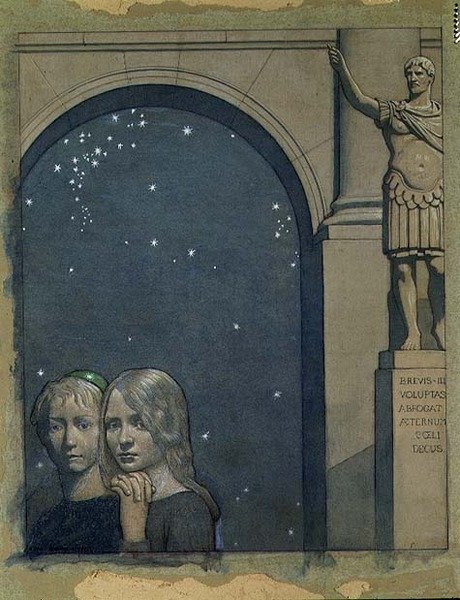 A gyerekek belépnek a luxus palotába, valószínűleg Maeterlinck A kék madár című művéből. alkotó: Frederick Cayley Robinson