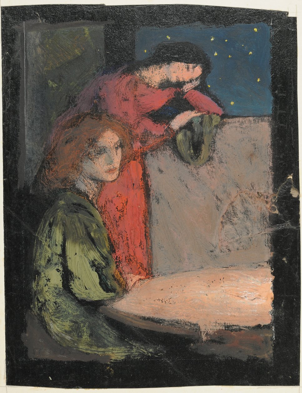 Két lány egy asztal mellett, nézz egy csillagos éjszakán, 1905 (tempera a kártyán) alkotó: Frederick Cayley Robinson