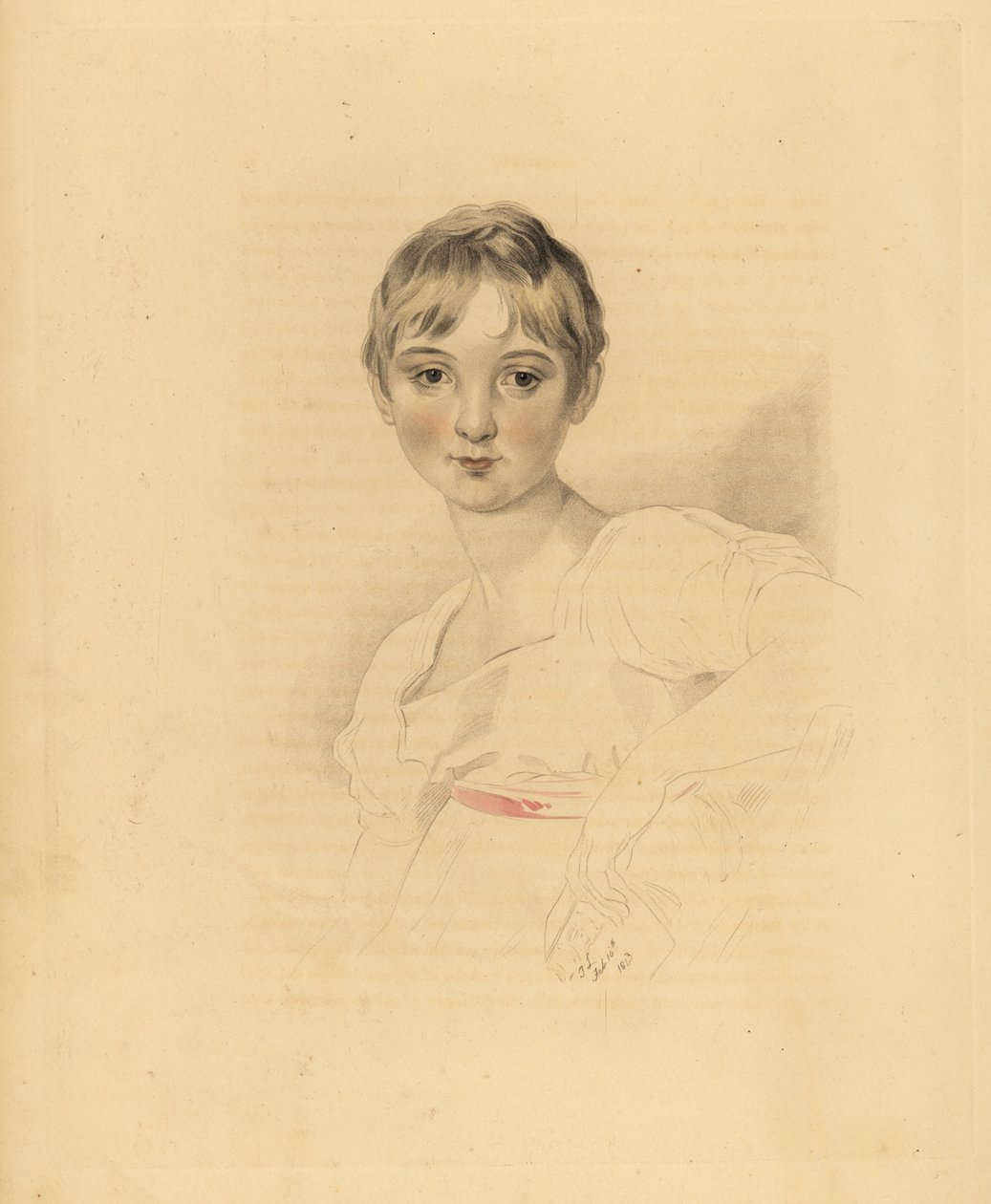 Lucy Meredith, Sir Thomas Lawrence unokahúga portréja. Fiatal pre-tini lány fehér ruhában, rózsaszín szalag övvel. Frederick Christian Lewis kézzel színezett metszete Sir Thomas Lawrence illusztrációja után a P.G.-től. Patmore drágakövek kabinetje, Ackerma alkotó: Frederick Christian Lewis