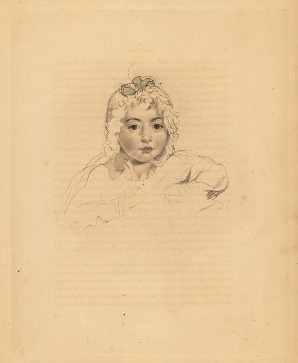 Mary Isabella Bloxam, Sir Thomas Lawrence unokahúga portréja. Szalaggal ellátott motorháztetőben. Frederick Christian Lewis kézzel színezett metszete Sir Thomas Lawrence illusztrációja után a P.G.-től. Patmore drágakő kabinetje, Ackermann, London alkotó: Frederick Christian Lewis