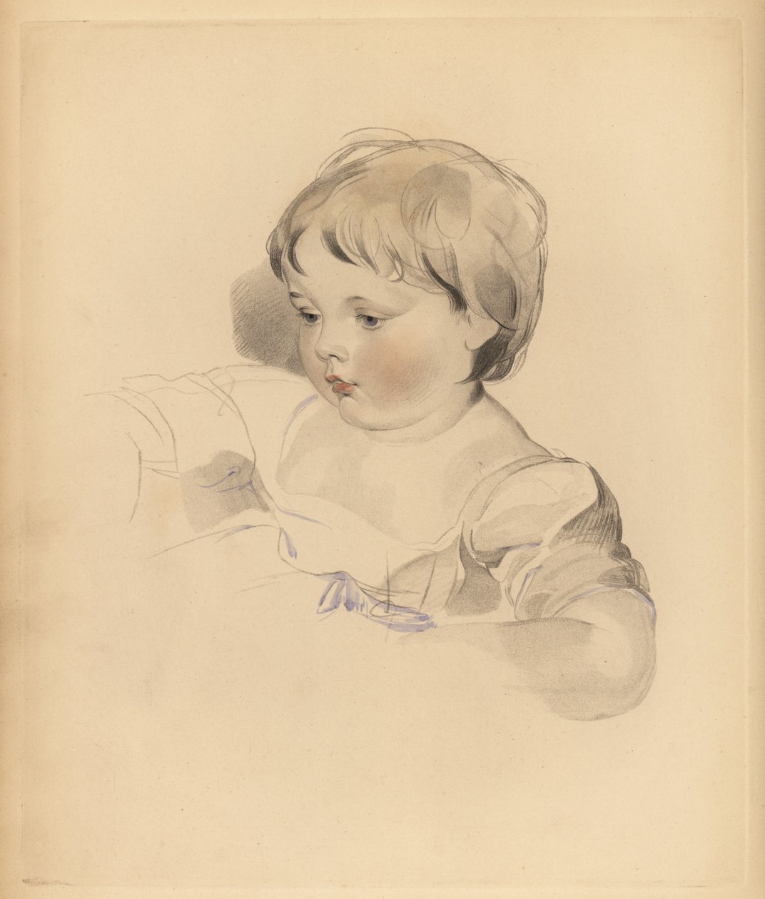 Rowland Bloxam, Sir Thomas Lawrence unokaöccse portréja. Pufók fiú kék szalaggal átkötött ruhában. Frederick Christian Lewis kézzel színezett metszete Sir Thomas Lawrence illusztrációja után a P.G.-től. Patmore drágakő kabinetje, Ackermann, London alkotó: Frederick Christian Lewis