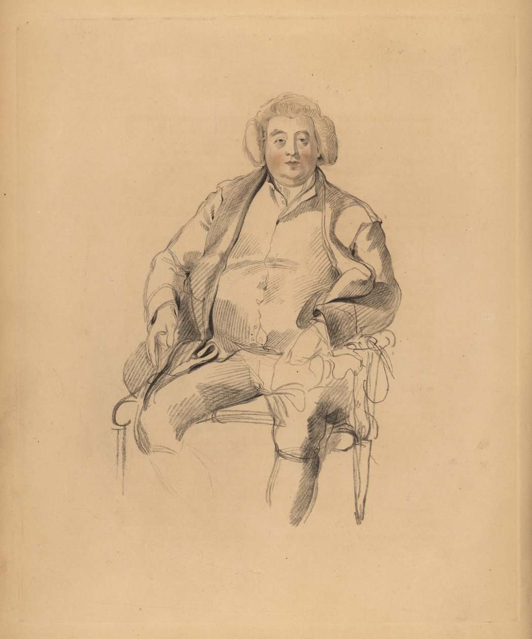 Sir Thomas Lawrence apjának, Thomas Lawrence fogadós portréja. Parókás férfi egy széken ülve. Frederick Christian Lewis kézzel színezett metszete Sir Thomas Lawrence illusztrációja után a P.G.-től. Patmore drágakő kabinetje, Ackermann, London alkotó: Frederick Christian Lewis