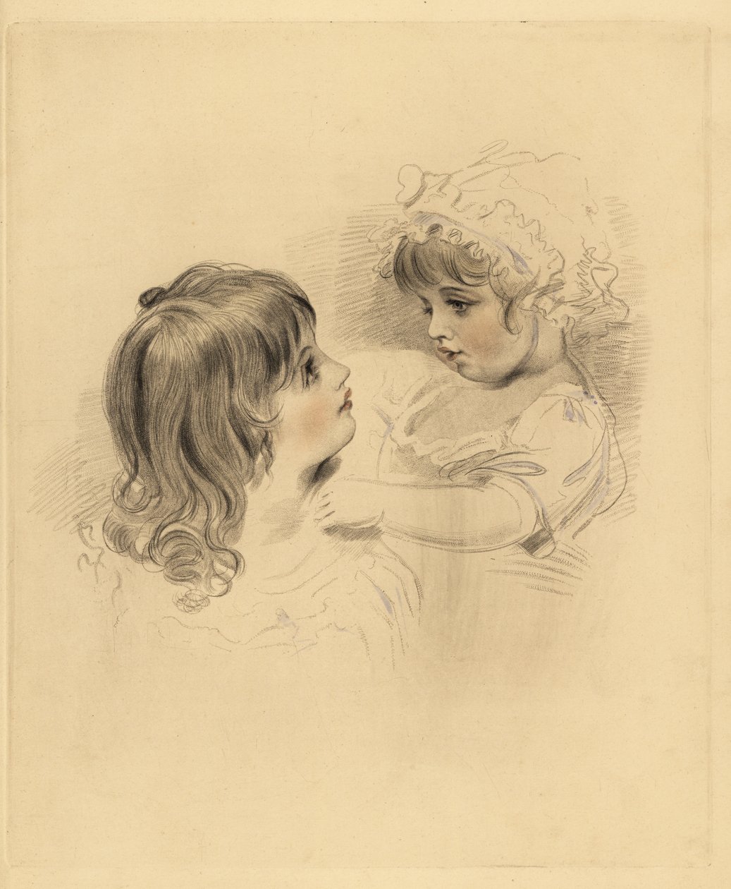 Két gyermek portréja. Az idősebb, aki egy vonakodó fiatalabb gyereket tart motorháztetőben és ruhában. Frederick Christian Lewis kézzel színezett metszete Sir Thomas Lawrence illusztrációja után a P.G.-től. Patmore drágakő kabinetje, Ackermann, London alkotó: Frederick Christian Lewis