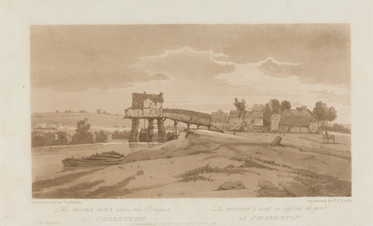 A vízimalom a híd felett Charentonban 1803; A párizsi Views 20. táblája, a B181.25.2629 tábla Emanuel kötetének nyomkövetése alkotó: Frederick Christian Lewis the Elder