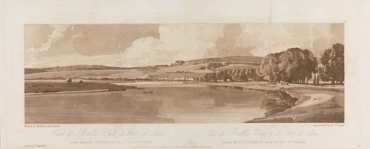 Kilátás a Belle Vue-re és a Pont de Seve-re a Pont de St. Cloud 1802 közelében lévő teraszról; 13. tábla Nézetek Párizsban, a B1981.25.2622. tábla Emanuel kötetének nyomkövetése alkotó: Frederick Christian Lewis the Elder