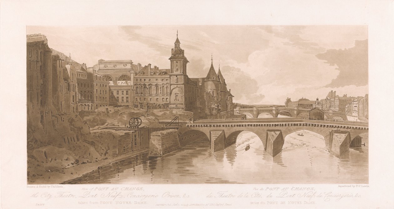 Kilátás a Pont au Change, a Theater de la Cite, a Pont Neuf és a Conciergerie börtönre alkotó: Frederick Christian Lewis the Elder