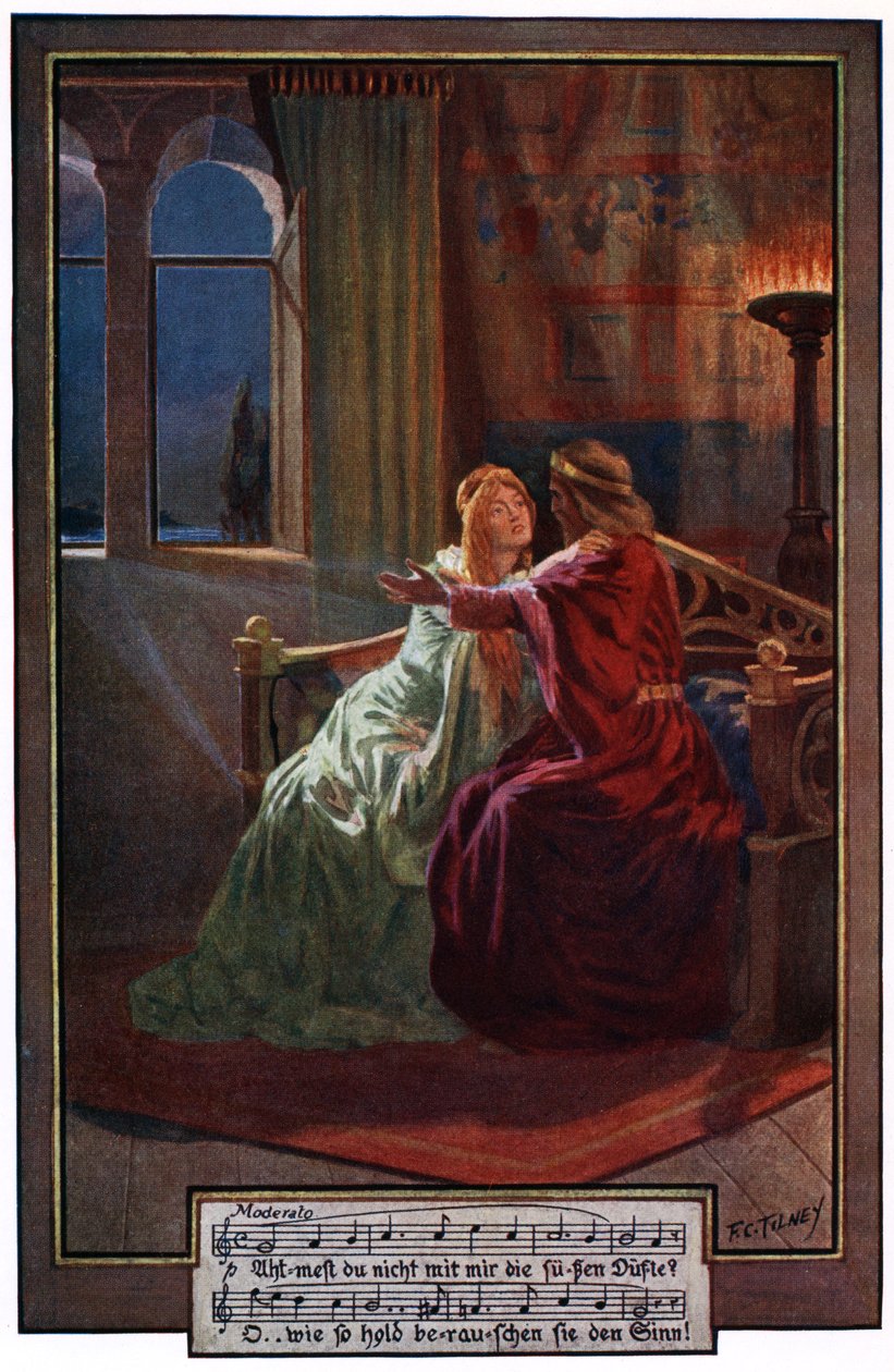 A lovag megpróbálja eloszlatni Elza kétségeit, illusztráció a „Wagner Lohengrinjéből”, George Routledge. alkotó: Frederick Colin Tilney