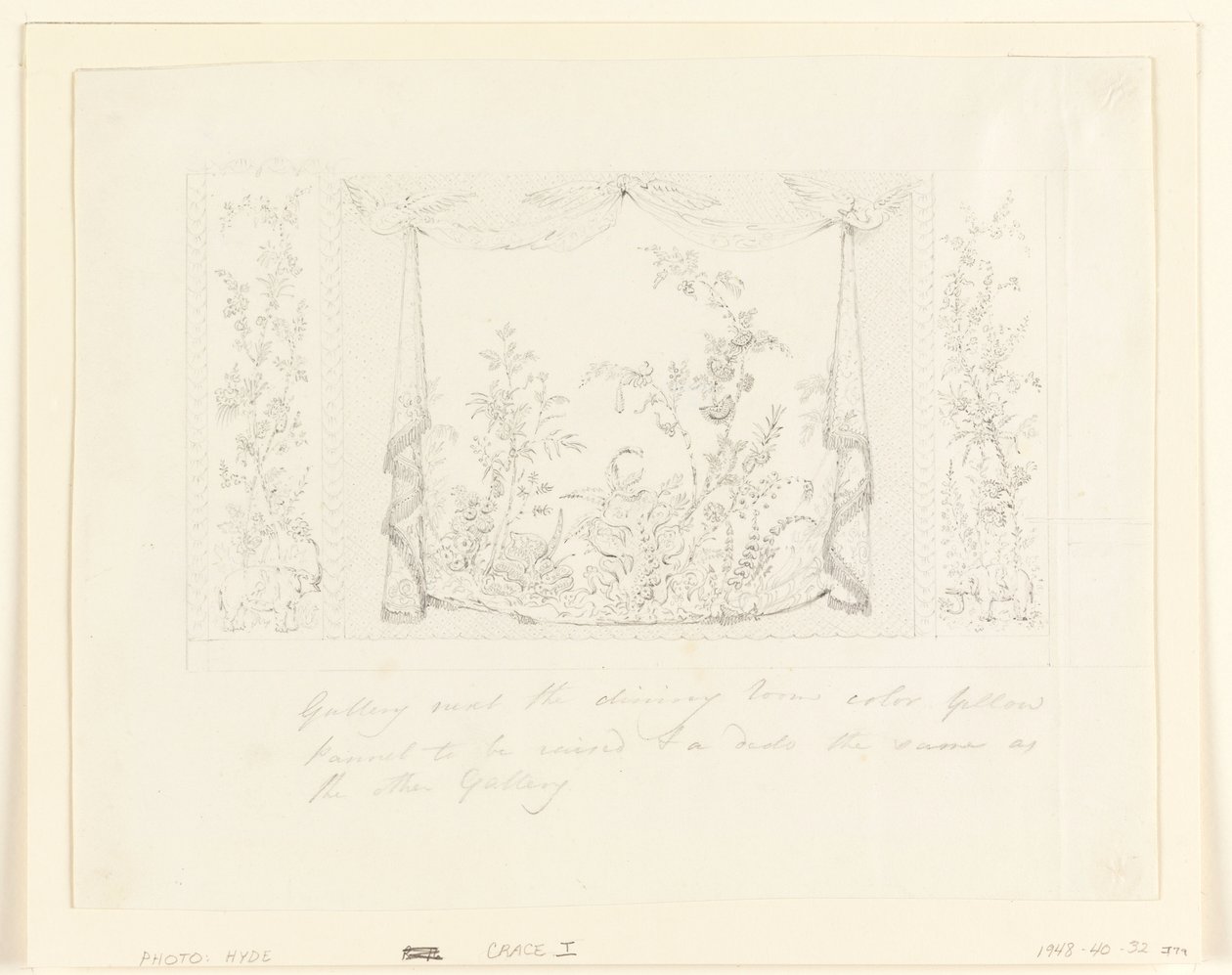 Rajz, The Royal Pavilion, Brighton, Kék (déli) szalon, javasolt faldekoráció, 1820 körül. alkotó: Frederick Crace