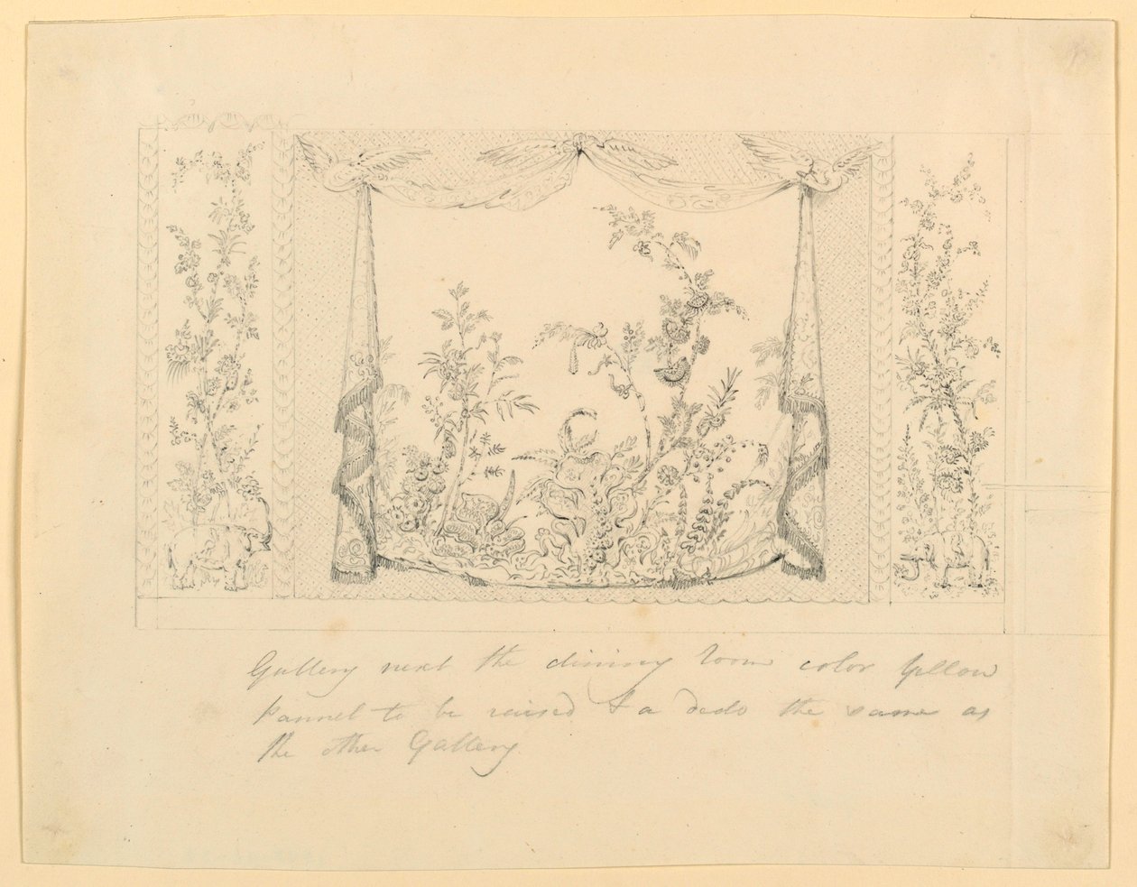 Rajz, The Royal Pavilion, Brighton, Kék (déli) szalon, javasolt faldekoráció, 1820 körül. alkotó: Frederick Crace