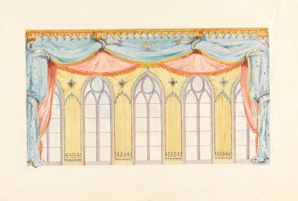 Rajz, Ablakdíszítés, valószínűleg a zeneterem keleti falához, Royal Pavilion, Brighton, 1820 alkotó: Frederick Crace