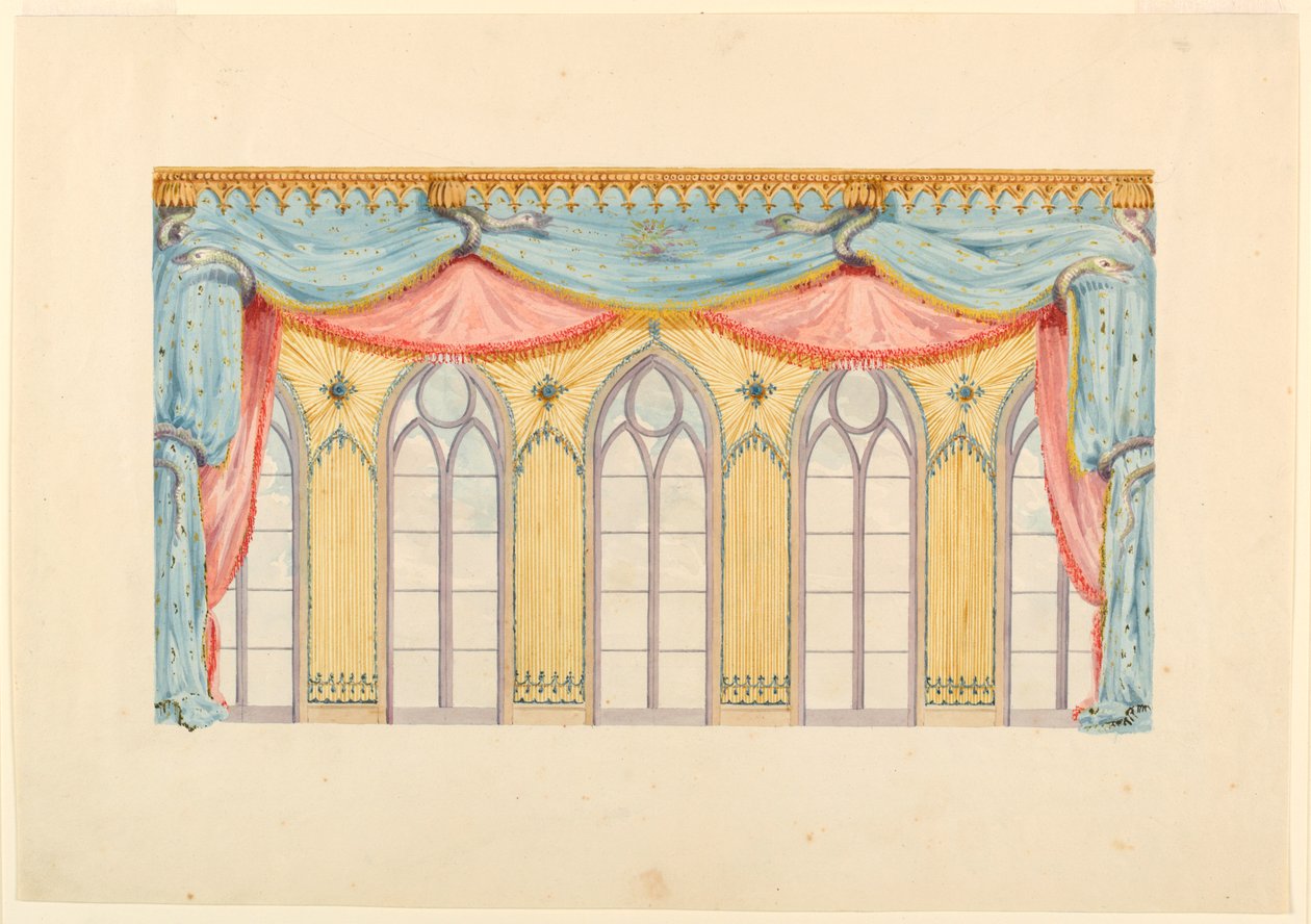 Rajz, Ablakdíszítés, valószínűleg a zeneterem keleti falához, Royal Pavilion, Brighton, 1820 alkotó: Frederick Crace