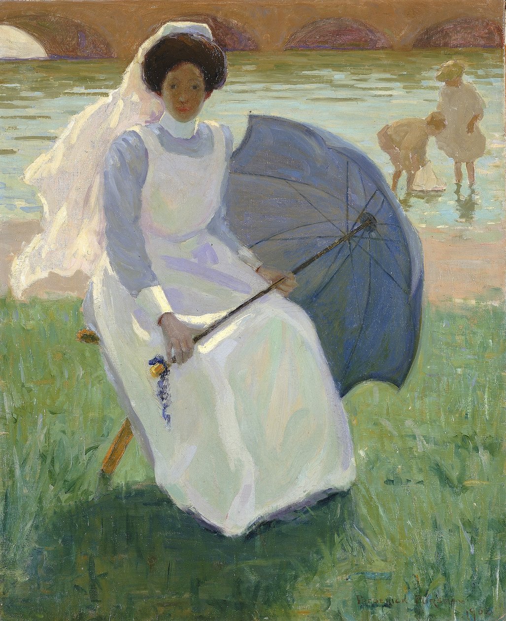 Nő zöld napernyővel alkotó: Frederick F. Fursman
