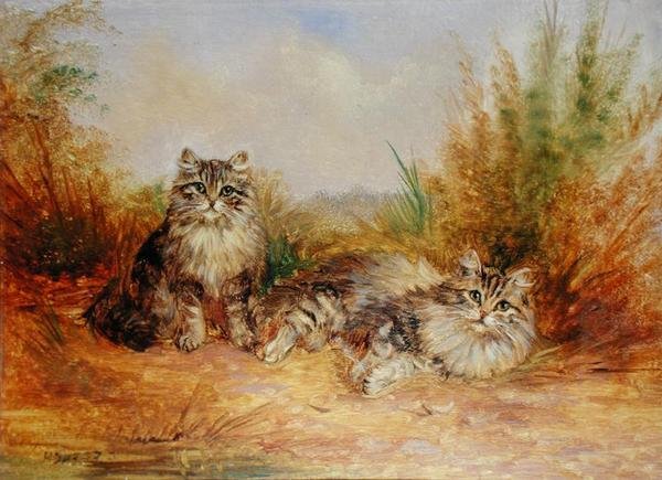 Két cirmos cica vidéki tájban (olaj, tábla) alkotó: Frederick French
