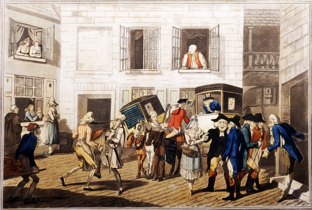 Inn Yard at Calais, kiadó: William Holland, London, 1790 (kézzel színezett aquatinta) alkotó: Frederick George Byron