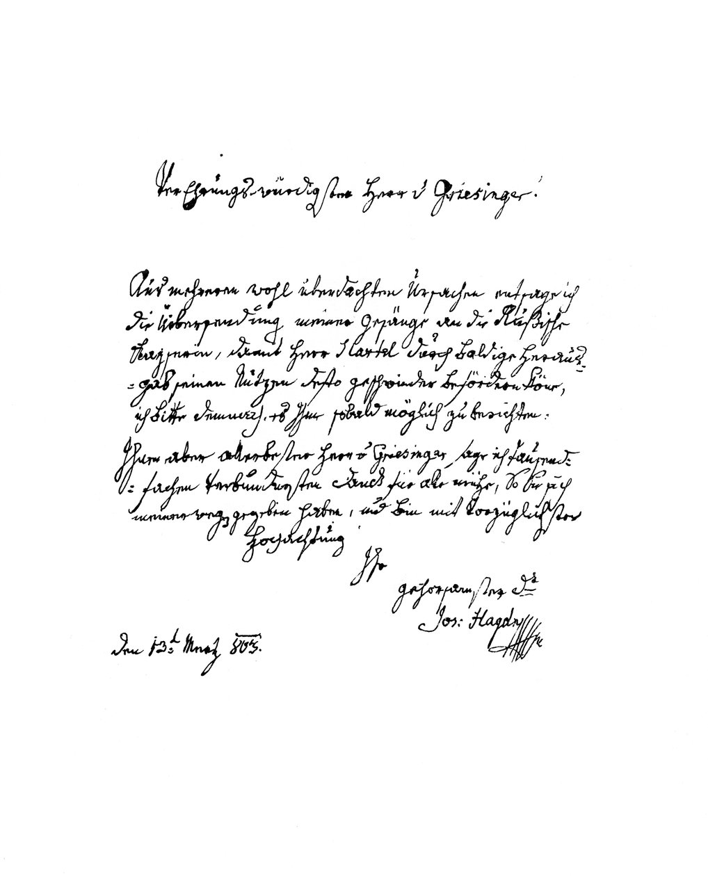 Francis Joseph Haydn levele Herr von Griesingerhez, 1803 1865. alkotó: Frederick George Netherclift